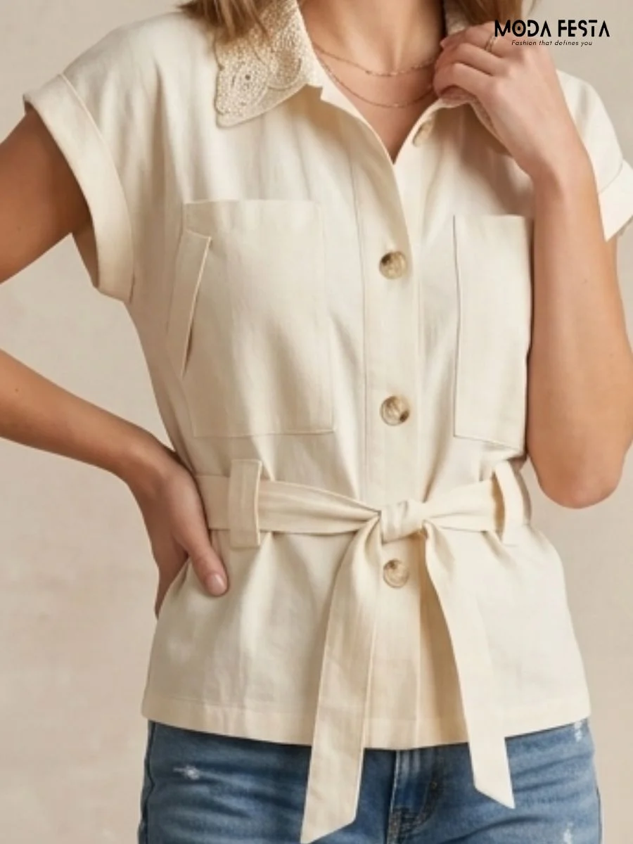 Lace Collar Button-Down Top with Waist Tie